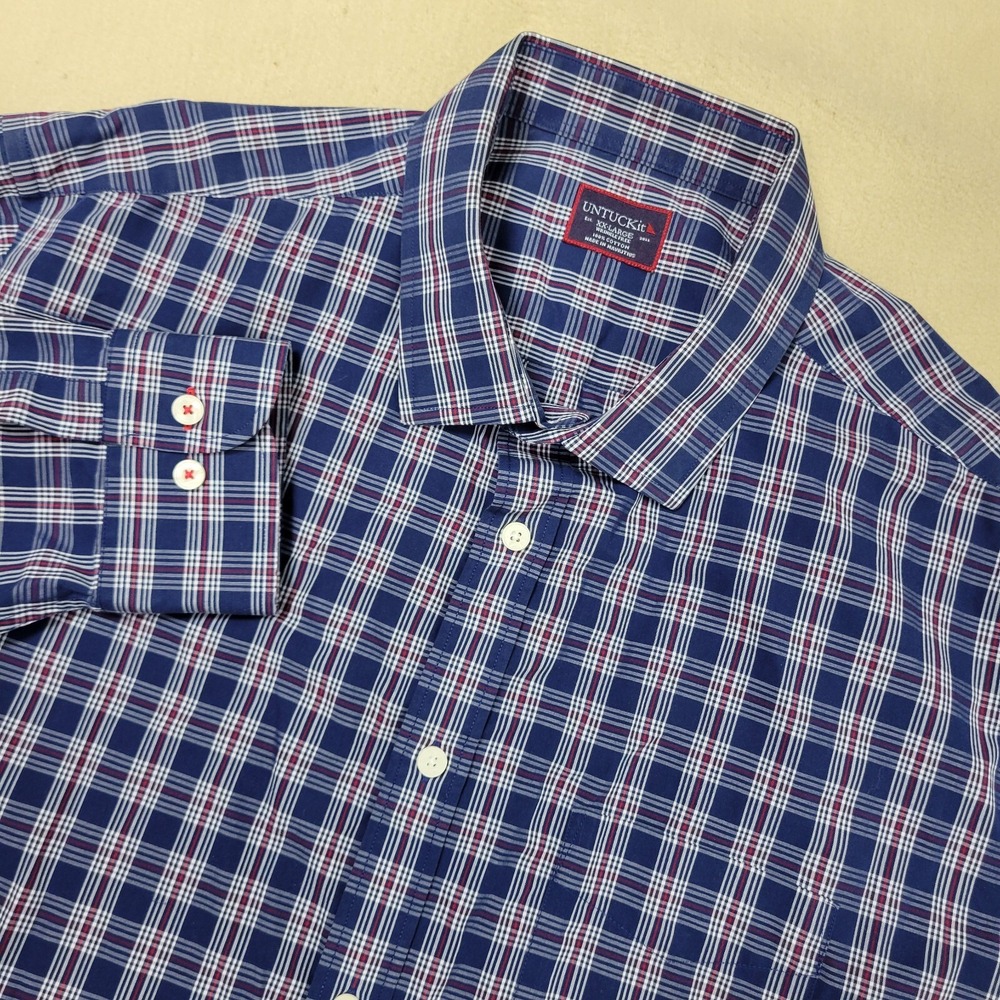 Untuckit Wrinkle Free Mens 2XL Blue White Red Plaid‎ Button Up Long Sleeve